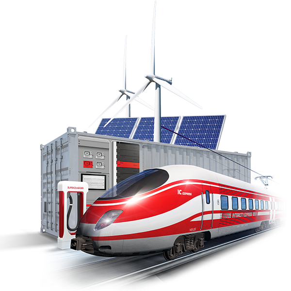 Illustration of a train, EV charger, battery container, PV panel, and wind turbine.