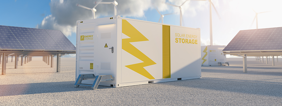 Energy storage with solar panels and wind turbines in the background.
