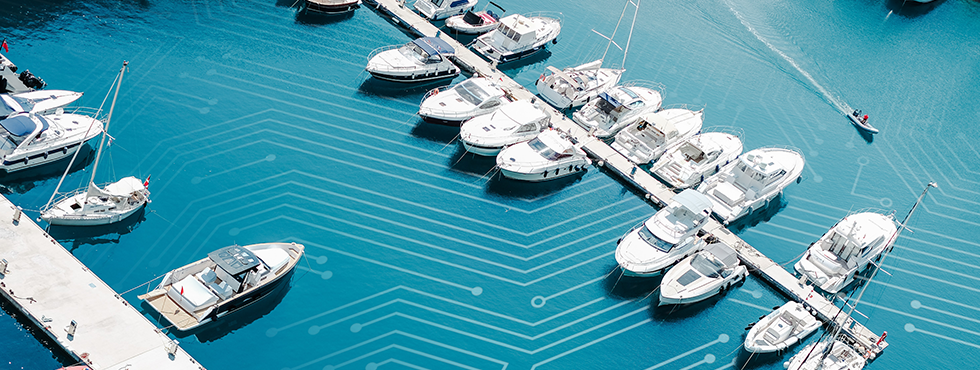 Aerial view of a marina with boats docked and connected with circuit board lines showcasing the presence of electrical energy.