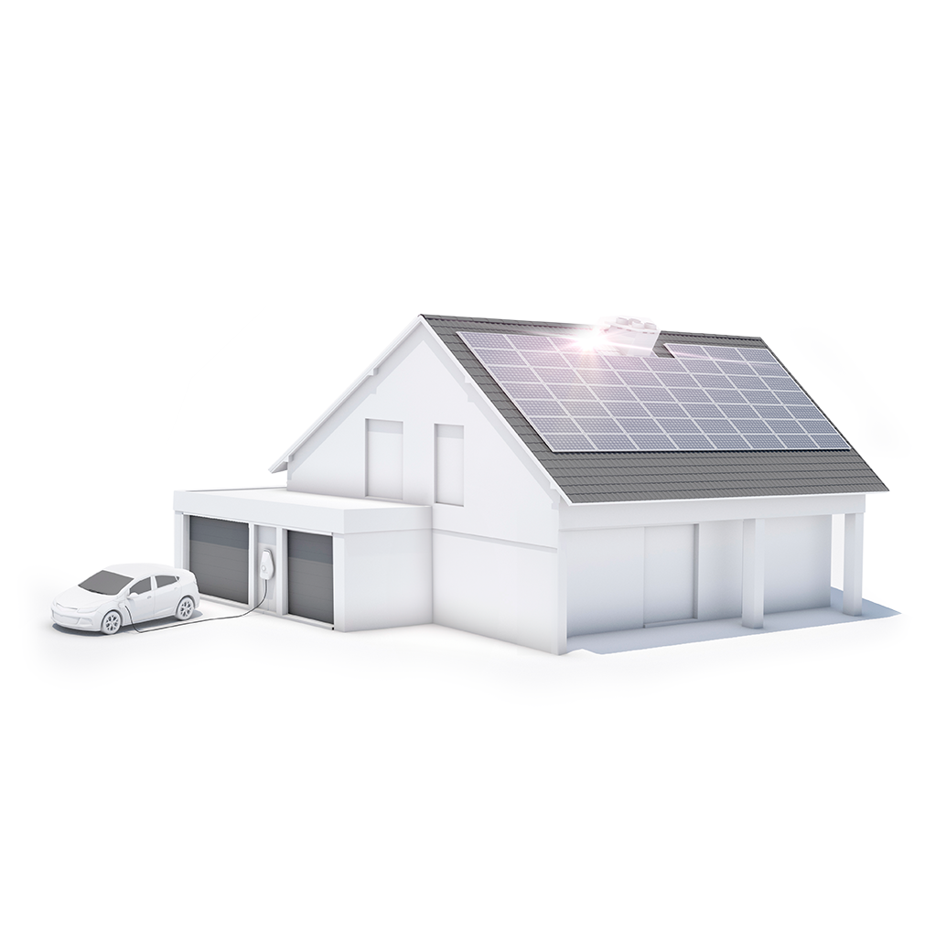 3d model of a house with solar panels on the roof and an electric car charging in front of it.