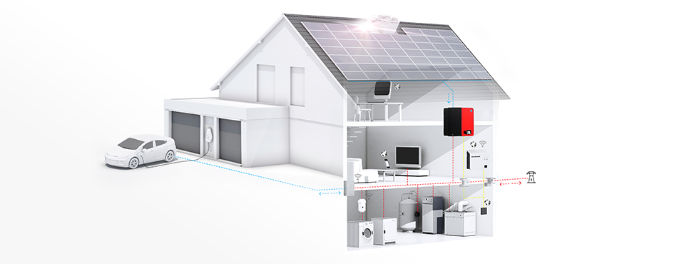 3d model of a house with solar panels on the roof and one transparent wall, so that all home appliances can be seen.