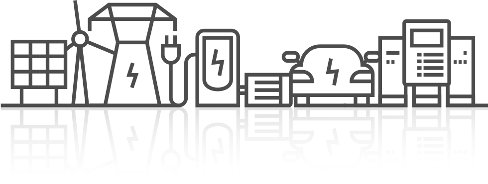 Line drawing showing PV panel, wind turbine, transmission tower, EV charger, motor drive, electric vehicle and electronics cabinet.