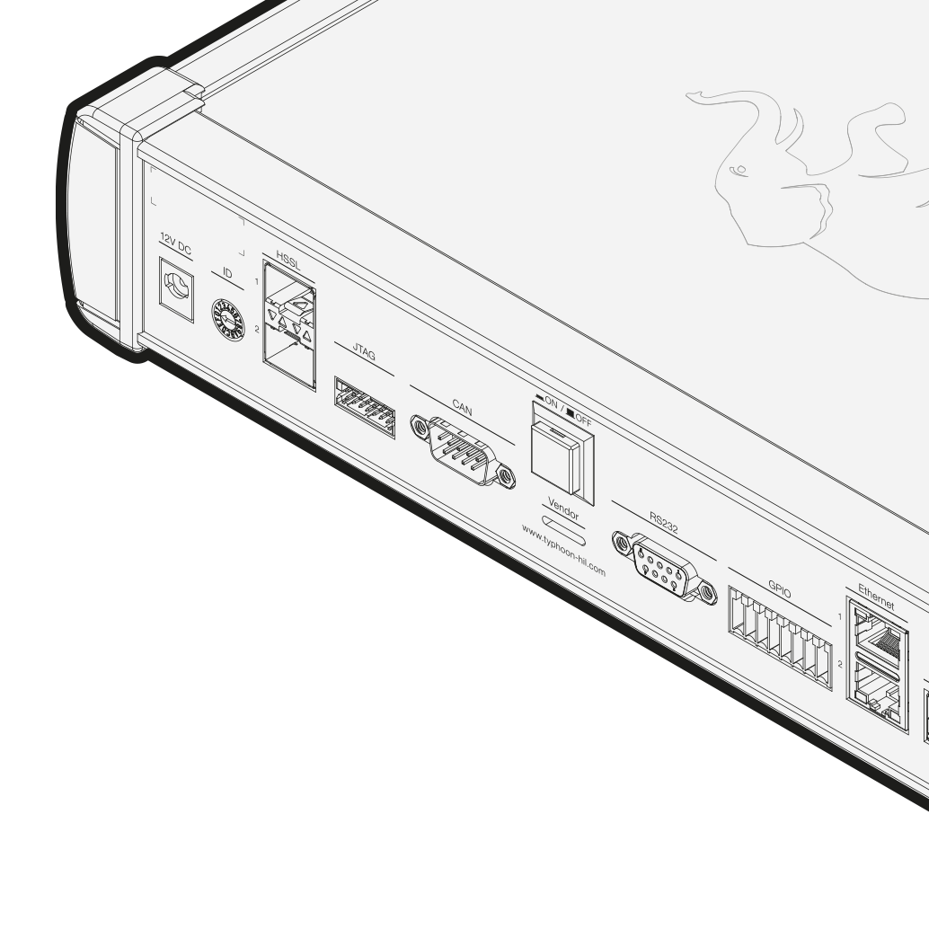 Isometric, line drawing of the HIL404 with all the connectors.