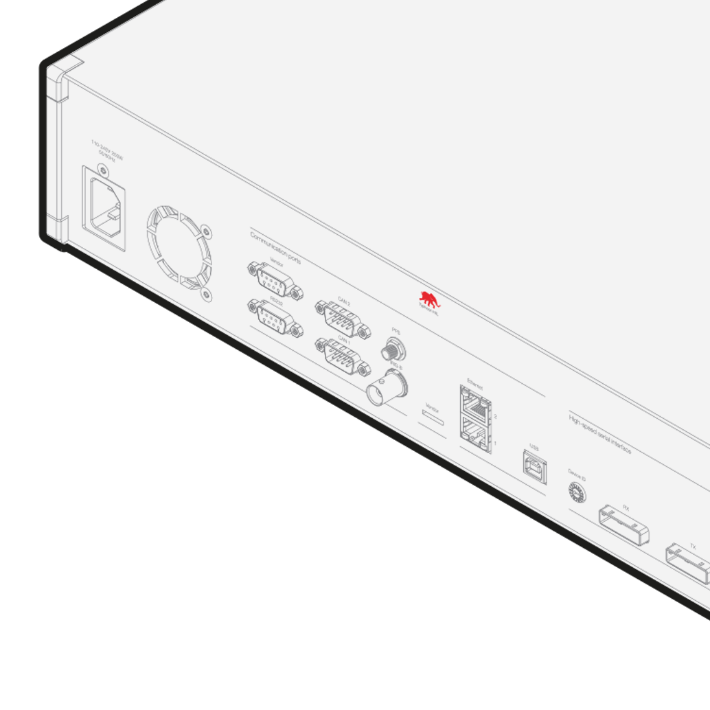 Isometric, line drawing of the HIL604 with all the connectors.
