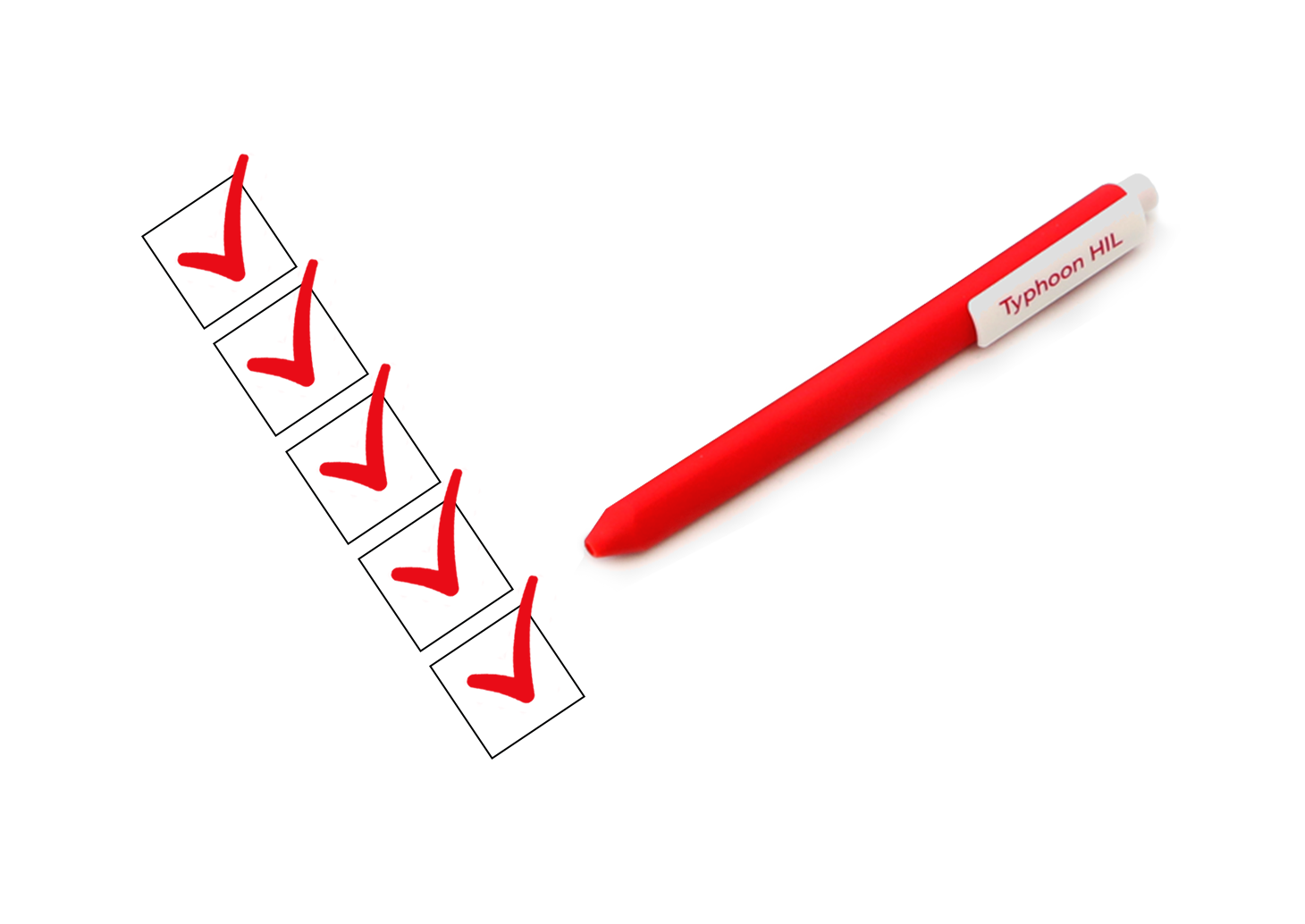 A red pencil next to a row of check marks on a white background.