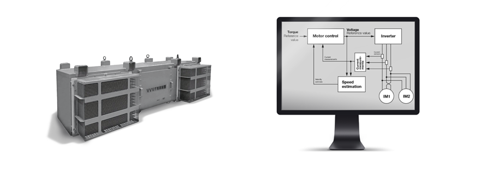 Traction converter on the left and monitor with diagram on the right.