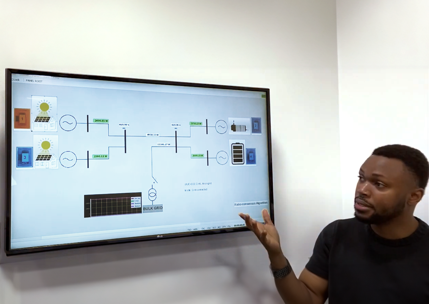 A man pointing to a diagram on a large screen, explaining its contents to an audience.