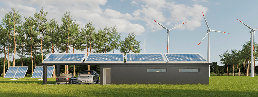 A solar powered garage with wind turbines in the background, harnessing renewable energy for sustainable living.