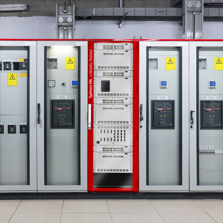 The row of gray testbeds with the red Typhoon HIL testbed in the middle