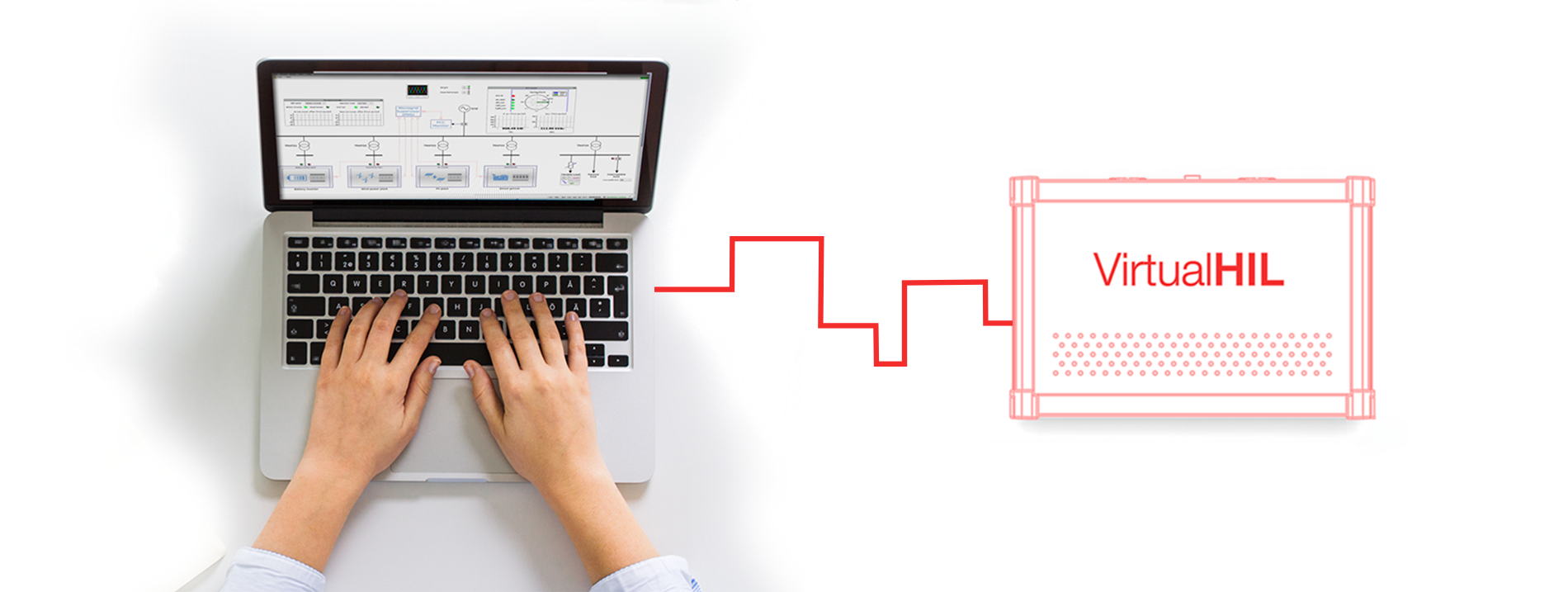 An laptop with Typhoon HIL software opened and connected to line illustration of Virtual HIL.