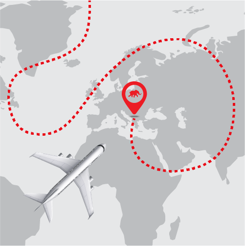 Illustration of a world map with the location of the Typhoon HIL office in Serbia pinned and the plane flying to it.