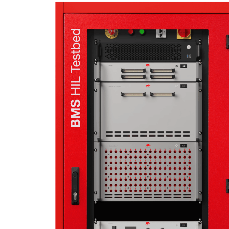 BMS HIL Testbed rack with HIL606 simulator, Modular HIL Connect interface, and breakout box panel, in a red Typhoon HIL enclosure