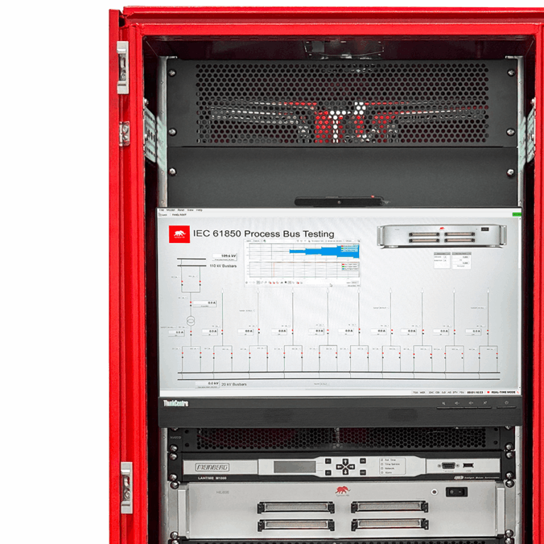 Digital Substation HIL Testbed rack with networking patch panel, protection testing display, and rack-mounted hardware, in a red Typhoon HIL enclosure