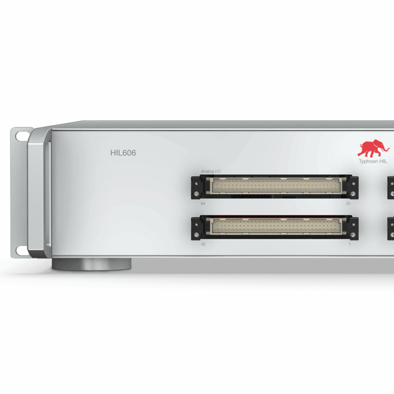 HIL606 real-time simulator, a rack-mount Typhoon HIL device with two front-panel I/O connector arrays