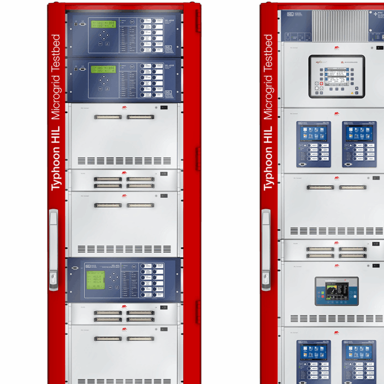 Two Microgrid HIL Testbed racks side by side, each housing stacked Typhoon HIL controller and interface modules in a red enclosure