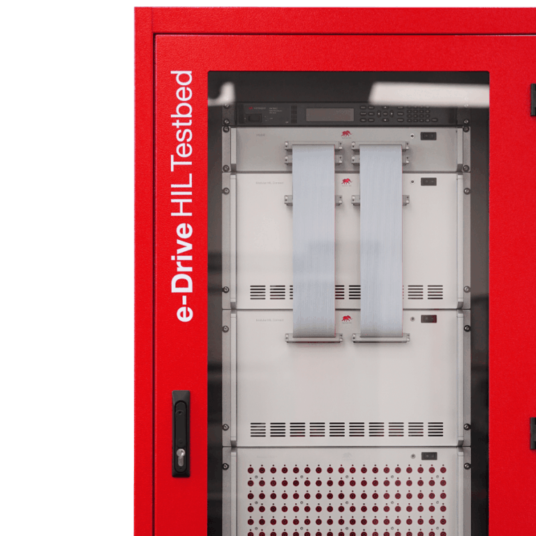 e-Drive HIL Testbed rack with HIL606 simulator and modular interface panels, in a red Typhoon HIL enclosure