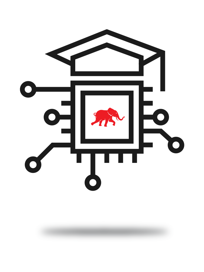 Icon of a graduation cap above a microchip with the Typhoon HIL elephant logo, representing academic and research applications